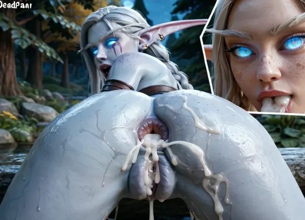 In a forest, (close up anus:1.5), nightelf from warcraft, freckles, (night elf aesthetic:1.5), (pale blue skin:1.7), leather armor, slim body, (glowing eyes:1.6), blue eyes, (deadpan:1.6), leaning forward, very long elegant braided hair, ((big natural breasts)), very sweaty, excessive cum, cum on breasts, cum in mouth, cum on tongue, extreme cum play, cum on thigh, cum on hair, cum on face, cum dump, cum in ass, cum in pussy, cum dripping, (excessive cum:1.1), (swollen labia majora:1.1), (double anal penetration:1.6), (swollen vulva:1.6), (huge anal creampie), (visible anus), (swollen anus:1.3), (puffy anus:1.3), woman, cum, on, face, <lora:add-detail-xl:.8>, <lora:sunnyrayyxo_v1_SDXLBase:.6>, <lora:JustCum:.8>