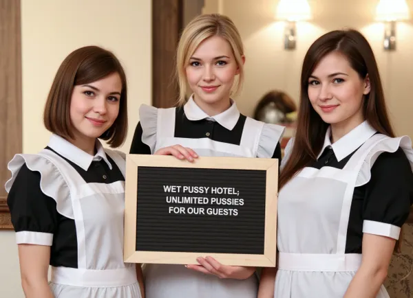 Three petite young women, wearing maid uniforms, different haircolors, standing at a hotel reception.
They hold a sign with text "WET PUSSY HOTEL, UNLIMITED PUSSIES FOR OUR GUESTS".
