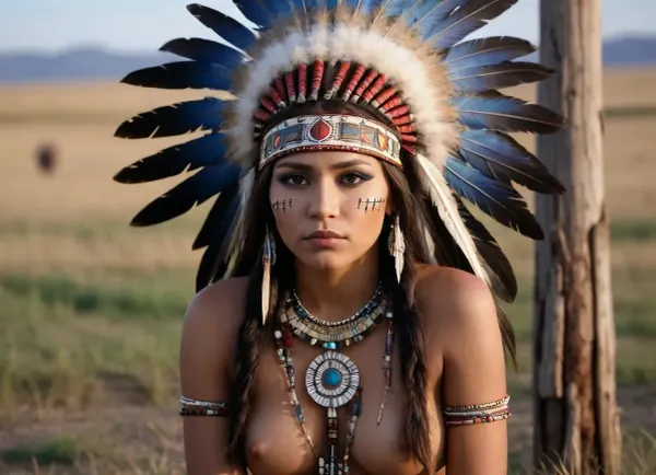 A adult beautiful slender Sioux Indian woman with a large colorful Indian Sioux feather headdress and war paint kneels on the prairie in front of a Native American totem pole, She has a pretty coquettish faded face, elaborate hairstyle, small breasts, detailed crystal eyes, light glowing irises, heartshaped lips, lip gloss, aroused skin, she exhales, dramatic sunset, long shadows, ancient native mood, detailed photo, photorealistic photo, realistic pretty women photo, night vision, soft fokus, parallax, overexposure, #©KITTYART



































#©KITTYART
