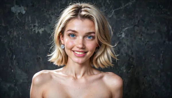 Extremely detailed realistic photo, professional shot, studio quality, UHD 16K, extreme realism, maximum detail, simple background, gorgeous 18 years old Caucasian girl, blonde girl, perfect pale skin, (insanely realistic eyes, realistic medium iris, small pupils, light spark in pupils, symetrical spark in pupils, black thin realistic iris border, light gray-blue mix eyes), (perfect bright teeth), short-medium hairstyle, skinny, slender, looks young, freckles, lot of freckles, stunning beauty, cute short upturned nose, upturned upperlip, glossy lips, beautiful lips, gorgeous realistic eyes, bright eyes, seductive look, long straight hair, small perky breasts, cute erected nipples, narrow waist, flat tummy, beautiful hips, very small butt, naked, barefoot, cute feet, perfect toes, very attractive, smiling, standing, spread legs, hairy pussy, spread pussy, realistic blonde pubic hair, pink labias, opened labias, spread labias, beautiful pussy lips, beautiful perfect vagina, (((white hymen))), virgin, cute pink clitoris, (lightly swollen clit:1.7), pink asshole, ultra realistic asshole, opened asshole, very realistic cute button, full front view, sharp focus on entire body and face, insanely beautiful girl next door, real photography, epic realism, supermodel