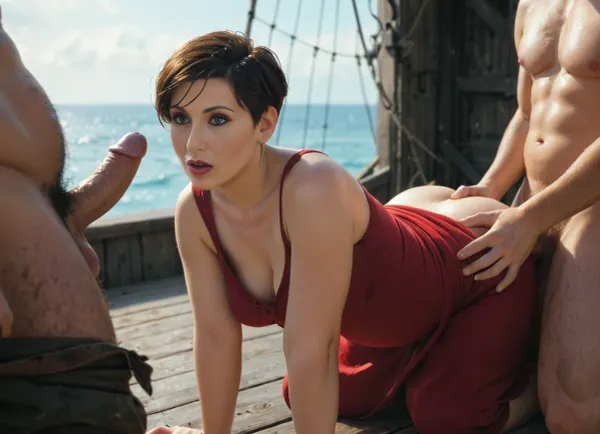Picture book illustration style, chubby mature aristocrat 1women, ((coloured dress)), ((DARK HAIR, GLAMOROUS PIXIE CUT HAIR)), (makeup), ((doggystyle)), gang rape by ugly pirates on pirates ship, j_cartoon, <lora:J_cartoon:.8>