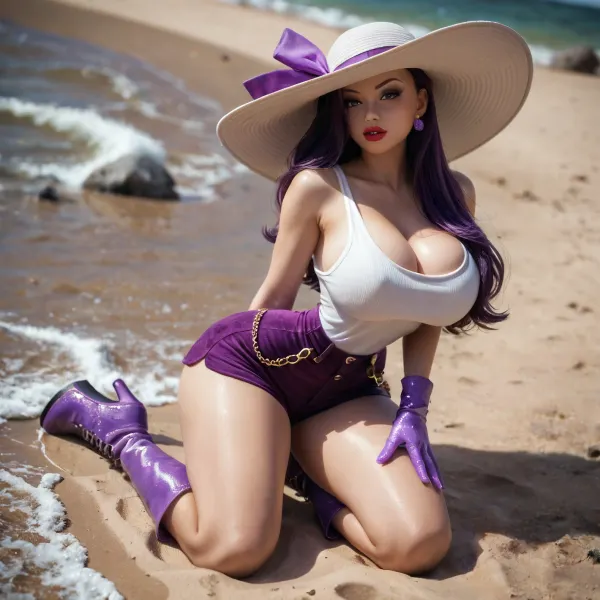 (playfulness:.5), (hyper:2), Jessica Rabbit, with, (dark purple hair), wearing, (white panama hat, with, amethyst ribbon), (white tight tank top), (amethyst gloves), (high-waist amethyst shorts, with, (gold chain:.4)), (sparkling knee high amethyst boots), kneeling, on sand, posing, on the beach, near, sea waves, (rocks:.5), (looking at the viewer), (from below:.3), (tilted angle:.8)