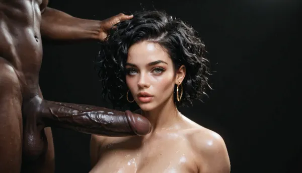 black african man, short straight black hair, showing his massive thick 35 inch huge penis to a curvy white naked woman, black room, black background.