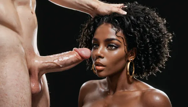 white man, short straight black hair, showing his huge 35 inch masive penis to one naked curvy black african woman, his penis is very hard, erection. black room, black background.