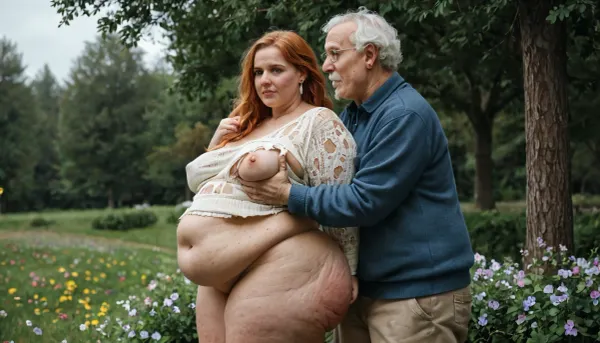 horny, old man with a small cock gropes a Super fat, obese, cellulite ssbbw milf in her wobbly, sagging belly-she looks anixous and frightened, big fat ass, chubby round double chin face, extremely wide hips. Natural ginger hair, long hairstyle. in oversized, torn sweater-dress, (one breast out), . old man fucks a fat ssbbw by tree, around flowers. After rain. Old, Man, <lora:OldMan:.8>, side view
