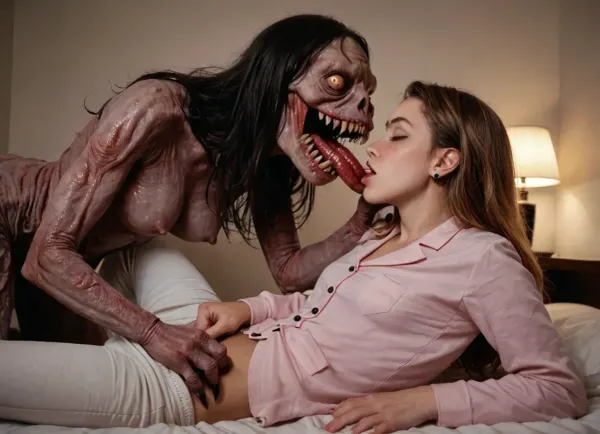 Photo, real photo, best quality, perfect quality, professional photo, night, a young girl's bedroom. An 18-year-old girl passionately kissing a scary monster woman. Sharp focus, cinematic lighting, moonlight, spooky, scary, horror, sexy, erotic horror, (((2girls))), masturbation, orgasm, pajamas, shirt pulled up, pants pulled down, ((female monster:1.7)), ((Looking at each other)), in love, lesbian, lesbian sex, extra arms, claws, both looking at each other, youthful decor, pink wallpaper, stuffed animals