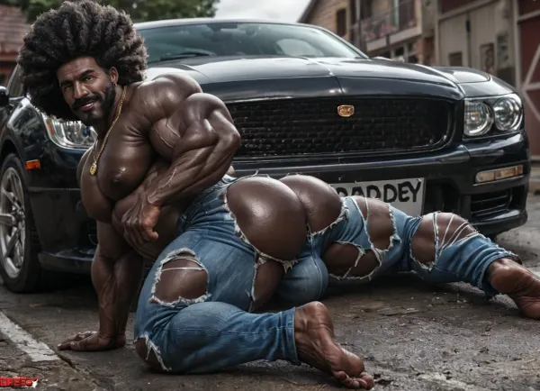 A Beefy black daddy, 60-years-old, big muscles, big pecs, big bulge, big booty, hairy body, full beard, big thick mustache, (afro hair), (big pecs:1.2), (big ass:1.4), (old beefy daddy:1.5), dark black skin, (black skin:1.5), wearing tight torn ripped jeans, open shirt, pecs out, bulge pants, necklaces sexy, hot, full body, full body shot, full body length, lying on car, in worn old garage, smile, solo gay