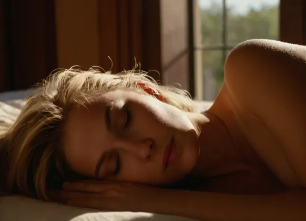 Pov, 21 year old sexy college roommate, long blonde hair, laying next to you on a bed, (((asleep))), eyes closed, dark dorm room, topless nude, ultimate realism, dim early morning light, golden hour, early morning sun shining through the window, light rays, professional lighting, realistic detailed skin texture, focus on realistic beautiful face, Sun-kissed skin, masterpiece