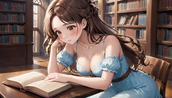 a beautiful young 18 year old librarian, sitting at a table in a library, reading a book, she wears a dress with a low neckline, she is shy and blushes when the observer looks at her, brown long hair in an up-do, despite her shyness her look is very sexy, beautiful brown eyes
