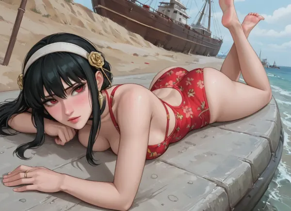 ((Aroma Anime Style:1)), High angle, ((luxury ship)), Yor Briar, large breast, skinny, (red floral swimsuit), breasts outside, nipples, worried, 1girl, (((Yor lying on her stomach))), (on luxury ship), style anime, inspired illustration, ratatatat74, <lora:ratatatat74-000050:1.9>, <lora:outline_xl_kohaku_delta_spv5x:1.4>, <lora:cartoon_stickers_xl_v1:1.8>, <lora:NEOTOKIOXL_0.2_RC:.4>, <lora:nwsj_xl_v2:.8>