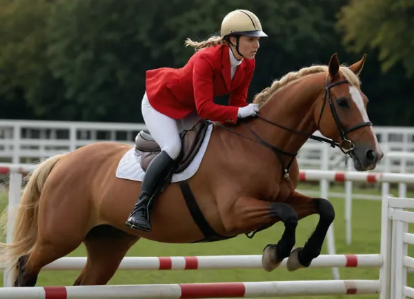 Super realistic image, full color image, 8K quality, super detail, masterpiece, London racecourse, show jumping, beautiful girl with large breasts, long blonde hair braided into a thick plait, white breeches, black high boots, light riding helmet, red riding jacket unbuttoned at the chest, one breast visible, riding a bay mare jumping over a barrier.