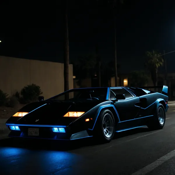 A 1985 Lamborghini Countach LP5000 QV, ((the Car is Black with all Its Neon Light Blue Edges, Bright Edges, Blue Headlights)), (TV Series Automan), Night, in Dark Street of Los Angeles, (Driving Effects, Very Speed Effects), ((Shooting Effect with Very Slow Shutter)), Side View, <lora:dark:.5>