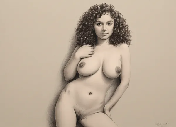 score_9, score_8_up, score_7_up, A detailed black and white pencil drawing with clean lines and meticulous shading, sketch of a fully nude woman with long curly hair, (curly1:2), leaning against a wall, both hands and arms raised above the head, legs spread open, soft features, and a serene expression. The drawing should have delicate shading and intricate details, capturing the essence of the subject with fine pencil strokes, background is be simple, allowing the focus to remain on the portrait itself, drawing, by, NTY, v0ng44g, sk3tch, .8>, she is curvy, sexy, medium tear drop tits, large areolas, slender medium build, light hair on pussy, puffy, nipples, dark, ghost, wide, <lora:sketch_it:1.3>, <lora:Nipples XL:.5>