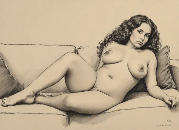 score_9, score_8_up, score_7_up, A detailed black and white pencil drawing with clean lines and meticulous shading, sketch of a nude woman with long curly hair, she laying on sofa, soft features, and a serene expression. The drawing should have delicate shading and intricate details, capturing the essence of the subject with fine pencil strokes, background is be simple, allowing the focus to remain on the portrait itself, drawing, by, NTY, v0ng44g, sk3tch, .8>, she is curvy, sexy, medium tear drop tits, large areolas, thick waist, wide hips, big ass, fat thighs, light hair on pussy, (curvy:1), 1, puffy, nipples, dark, ghost, wide, <lora:sketch_it:1.3>, <lora:Nipples XL:.5>