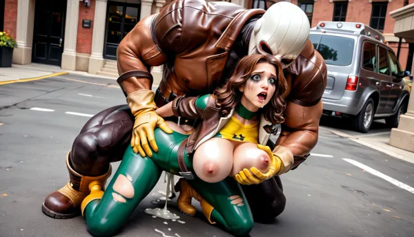 (Ruined city), Canon EOS R3, DSLR photo, 8k, best quality, (masterpiece:1.1), (realistic, photo-realistic:1.2), ultra high res, top view, Rogue getting fucked in ass by massive gross ugly mutant, (size difference:1.4), rough sex, BREAK, man has excessively giant veiny cock, impossibly thick cock, gigantic dick, deformed, mask, mutant, bodybuilder body, grabbing Rogue's breasts, manhandling Rogue, Rogue has long brown hair, (white stripe in hair:1.1), Yellow Boots, brown bomber jacket, glam makeup, ruined makeup, (looking_aroused+shocked+scared), (arched back:1.2), cum on Rogue face, massive natural floppy breasts with large areolas, struggling, cum dripping from ass, dripping cum, legs spread, ripped outfit, ripped top, breasts exposed, (tits out), CARTOON_X_MENs_Rogue, ownwaifu, wavy messy curly big_hair with white stripe in front, (green AND yellow two tone spandex bodysuit), jacket, yellow gloves, belt, multicolored, superhero, skin tight clothes, folded, behind, doggy style, Savage, Classic, Southern, Belle, Superhero, Rogue, Xtreme, standing, sex, breasts, cutout, clothing, nipples, Bane, <lora:ruined1:1.6>, <lora:RogueSDXL:1.6>, <lora:2BoutOvalSDXL2-000002:.6>, <lora:add-detail-xl:1.6>, <lora:Bane_Stand-alone:1.5>