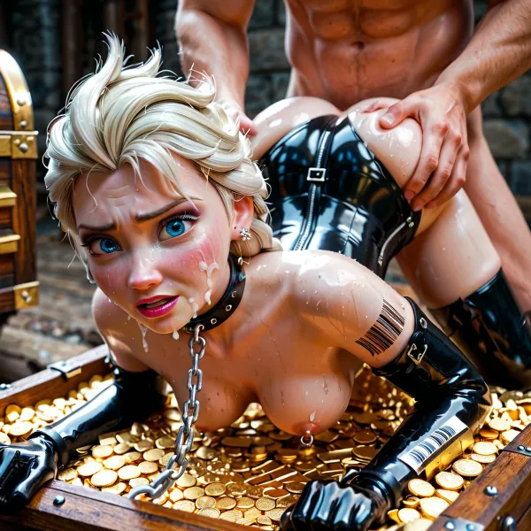 disney, frozen, elsa, sweaty, defeated, pleading, desperate, medium breasts, head trapped in a treasure chest, face down ass up, ripped clothes, embarrassed, bondage, fetish, leather, latex, humillated, collar, leashed, captured, chained, perfect ass, fucked from behind by man, doggy position, bdsm, grabbing arms, facial, cum on boobs, surrounded by guards, barcode tattoo, pierced nipples