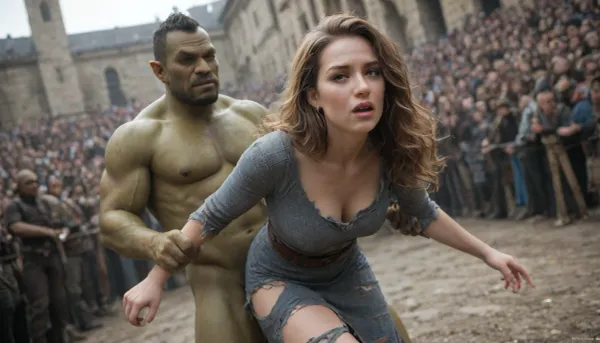 (nsfw:1.2), (Fantasy:1.2), (masterpiece:1.4), (best quality:1.4), (high_resolution:1.4), (sex), arm grab, hetero, 1girl, (big_orc_Warrior), (mature female:1.2), long wavy hair, medium breast, (armored_dress:1.1), (torn clothes:1.3), Square, (tearful_face:.7), (female_orgasm:.8), <lora:murkysSuspendedOn_1:.5>, suspendedonpenisms, (orc_crowd), foreground, wide_shot, looking at viewer, dynamic angle