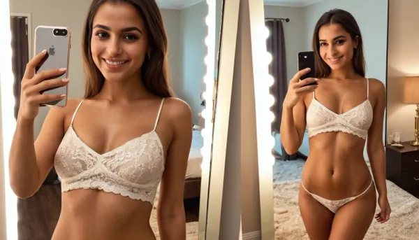 soft beautiful iraqi girl, suntanned, holding bottle, smile on her face, brown nipples, sexy, full body, mirror selfie, room, brown carpet, full length mirror, iphone 16, selfie, single image