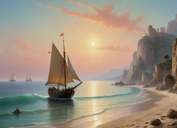 The painting is in the style of the Russian artist Ivan Konstantinovich Aivazovsky.In the central part of the canvas there is a sailboat standing on a raid near the walls of the Genoese fortress. The rays of the rising sun turn the sails of the ship pale pink. The turquoise expanse of the sea is calm, and the unfurled sails are reflected in it, as if in a mirror. In the foreground of the painting, on a sandy beach near the sea, the viewer sees a cart pulled by two oxen and a boat approaching the shore. Near the cart and boat, the author depicted local residents dressed in national costumes.
In the haze of morning fog, the outlines of sailboats standing in the bay are barely discernible. The rays of the sun rising over the mountains fill the sky, the peaks of the rocks and the sea near the horizon with a warm lemon yellow color.
In the misty haze on the tops of the coastal cliffs, you can see the ancient towers of the ancient Genoese fortress.
The painting is imbued with lyrical romanticism, which is especially felt on Aivazovsky's canvases, painted in the so-called oriental taste.