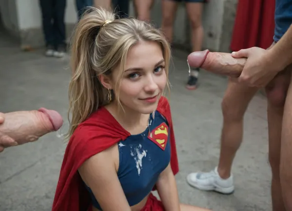((woman 20 years old)), cheeky smile, ((high detailed skin)), high quality, detailed skin texture, (highly detailed blonde, long and messy hair with ponytail), ((skinny body)), ((slim body)), (realistic), soft focus, insanely detailed, highest quality, ((dark blue shirt with supergirl symbol, red skirt and red cape)), naked waist, Swedish woman, dyed hair, blowjob, woman on her knees and holding tightly one cock, man standing in front of woman, bukkake, dp, cocks_cuming, cum, woman sucking cocks, woman sex face, woman exited face, cum_face, cum at her mouth, at abandoned strip club in flames
