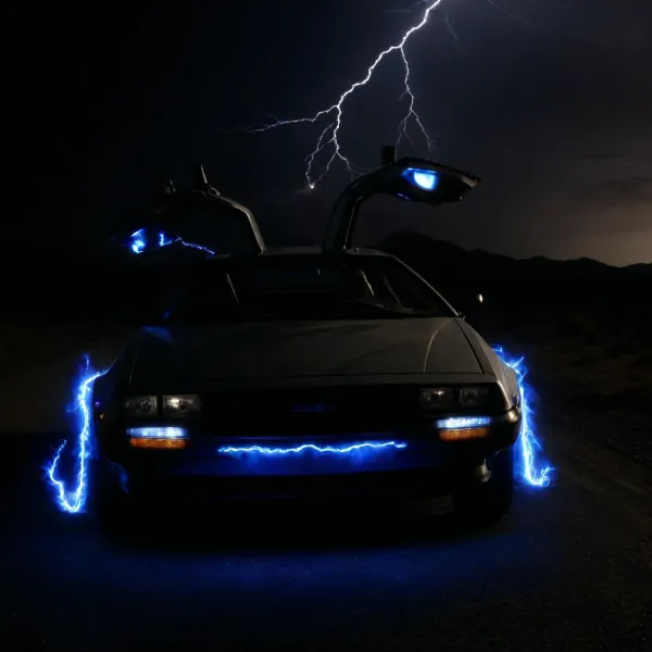 DeLorean from BTTF, (Back to the Future), Night, Dark Sky, Road in Desert, Real Road, Lights of DeLorean, (Travel Time Effects, Driving to 88mph, Driving Effects, Blue Lights on Components Located on the Side of the DeLorean, ((Blue Flash, Blue Flashes from the DeLorean, Blue Fire Flashes, Lightning Flashes all Around the DeLorean))), Doors Closed, Marty McFly Sits in the DeLorean and Drives it, Side View from Below, <lora:dark:.5>