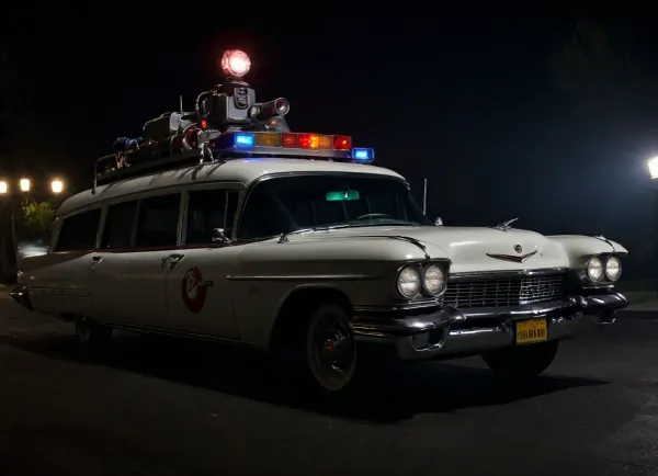 Ecto-1 from Ghostbusters, (Ghostbusters), Night, Dark Sky, Street of New York, Dark Streets, Lights of Cadillac Miller-Meteor Sentinel of 1959, Limo-Style Endloader Combination Car, (Driving Effects, Flashing Lights are On, Flashing Lights Effects, Speed Effects), Side View from Below, <lora:dark:.5>