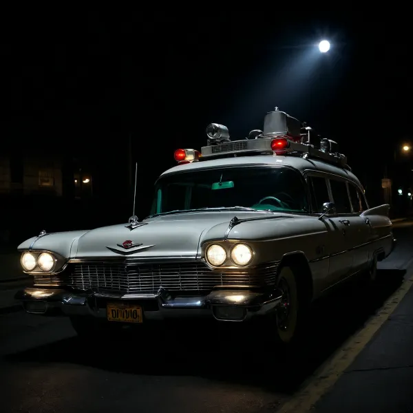 Ecto-1 from Ghostbusters, (Ghostbusters), Night, Dark Sky, Street of New York, Dark Streets, Lights of Cadillac Miller-Meteor Sentine of 1959, Limo-Style Endloader Combination Car, (Driving Effects, Flashing Lights are On, Flashing Lights Effects, Speed Effects), Side View from Below, <lora:dark:.5>