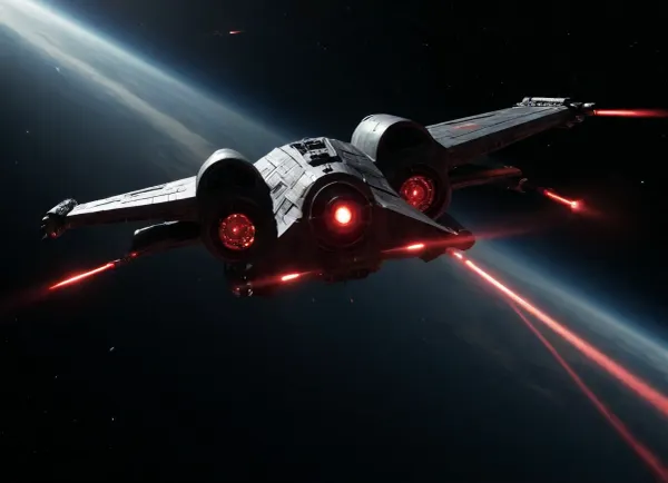 In the Galaxy far far Away, (Star Wars), in Space, Bright Stars Background, Millenium Condor, (Flighting Effects, Speed Effects, Red Lasers Shots), Side View from Above, <lora:dark:.5>