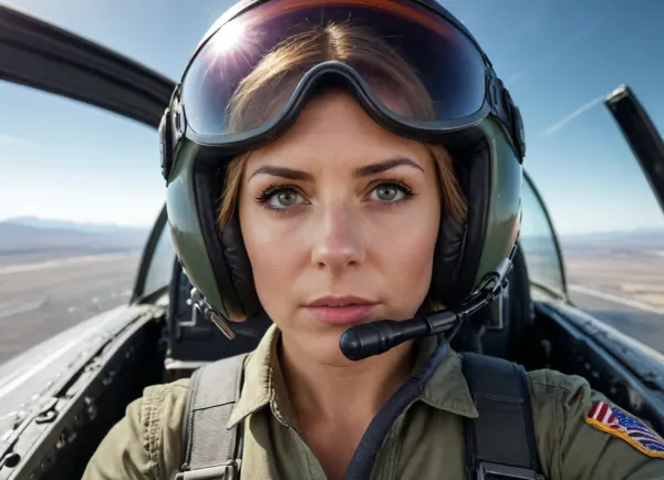 Highly detailed image, bright saturated colors, 8K quality, A beautiful female pilot, wearing a half-unbuttoned jumpsuit, tits half view, at the controls of an American F-15 Eagle fighter jet in flight.