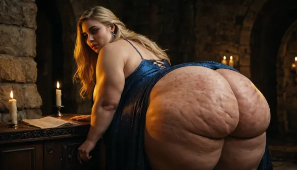 old servant gropes a Ssbbw blonde, fat, obese, cellulite, stretch marks, overweight queen, castle bedroom, medieval dress, hyper bbw ass, hanging breasts, showing huge areolas, long hair, fat wobbly ass, stuffed sagging belly, fat face with double chin, (areolae flashing, (overflowing cleavage:1.3)), candles light, orange filter, night, dress lifting, (ass hole fingering by old, skinny, bearded servant), <lora:dark:.32>