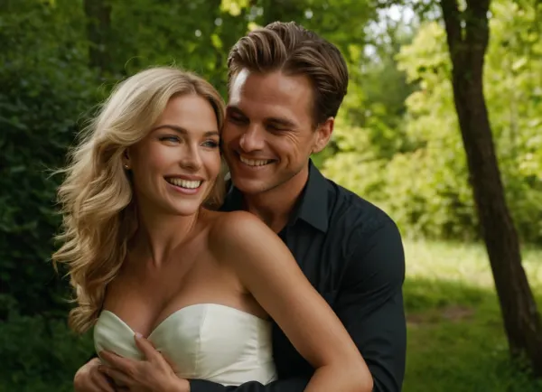A man joyfully carries a woman in his arms, both smiling against a lush green outdoor background. The image features two individuals, a man and a woman, in what appears to be a natural, outdoor setting. The man, with short dark hair and wearing a light-colored, possibly off-white or beige, collared shirt with vertical textured lines, is holding the woman in his arms, carrying her in a classic bridal-carry pose. He is looking towards the woman with a wide, open-mouthed smile, showing his teeth, and appears very happy. The woman has long, straight blonde hair that is illuminated by bright light, creating a halo effect around her head. She is wearing a dark-colored, possibly black, strapless or spaghetti-strap dress. Her left arm is wrapped around the man's neck and shoulder, while her right hand is resting on his shirt. She is looking directly at the viewer with a wide, beaming smile, also showing her teeth. Her complexion is fair, and her eyes are light-colored. The background is a soft blur of green, indicating an abundance of foliage, likely trees, suggesting a park or garden environment. The lighting is bright, with sunlight evidently hitting the subjects, particularly accentuating the woman's hair. The overall atmosphere of the picture is one of joy, affection, and happiness. Both individuals exhibit clear signs of positive emotion through their wide smiles and happy expressions. The scene conveys a romantic or playful mood between the two people. There are no animals visible in the image, (correct female fingers:1.4), DRSL camera, 8k ultra HD, hinaigirl, large, breasts, boobs, tits, <lora:MaybeBetterFaceInFullBodyLora_XL_rev3:.8>, <lora:bombshell_v2:.8>, <lora:681678_training_data:.8>, <lora:add-detail-xl:1.4>