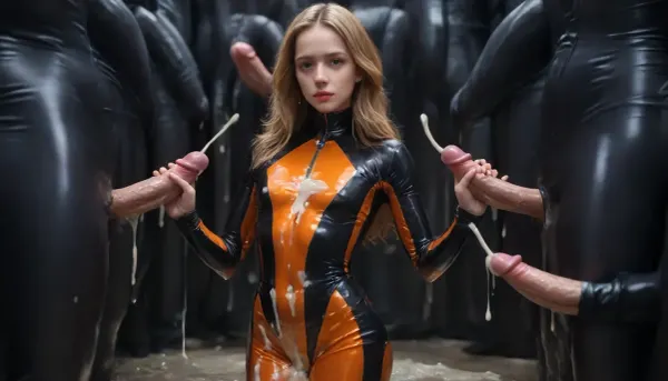 1 busty girl 20 years young, 1 flat chested girl 20 years young, (fully clothed:1.8), Claire Chust, long hair, bangs, blond hair, nighttime, wearing a thin very shiny blue and black and orange zipped vaultsuit, (fully covered with thick cum:1.9), (tall:1.3), (slim:1.2), masterpiece, bokeh, 8k, uhd, (glossy vaultsuit:1.6), standing in a ruined city, professionally color graded, professional photography, well drawn, hyper realistic, ultra detailed, high quality, best quality, 4k, raw, vaultsuit, (flat chest:1.8), (very busty:1.8), 4 men standing at the sides, (their large cocks are ejecting masses of cum on the girls:1.8), (the girl is grabbing cocks with her hands), ((handjob:1.6), ((bukkake:1.6)), very natural face, very detailed face, very natural eyes, red lips)