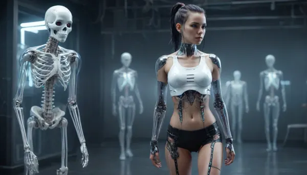 full-body portrait, ((cyborg girl with transparent skull with visible wires and plasma inside her skull:.8)), human face with many scars looking to the side, robotic skeleton, showing robotic feet, walking in cyberpunk city, wearing white crop top and tight black shorts, <lora:PAseer-SDXL-Transparent Robot:.5>