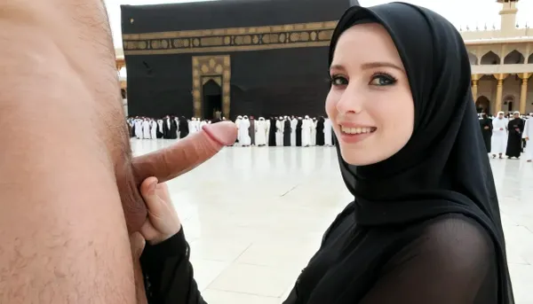 (wearing black hijab), realistic face, pale skin, in front of kaaba, hairy dick, (sad smile), side view, touching man