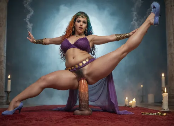 cinematic, close-up, 10-15x zoom, A magical Genie woman in a glass dome being surrounded by orange green blue smoke with a red rug long rainbow hair is levitating lifting both legs in the air, raising her hands to showing her strength, enjoys swirling orange smoke with gauntlets made of smoke while having extreme pussy penetration by gigantic dildo, twisting blue smoke, swirling green smoke, (solo, girl, woman, 24yo, Genie, long rainbow hair, bells on belt, (highly detailed face), square chin, wide nose, fat cheeks, dimples, eyes open wide, excited, serious, well-balanced, short, plump, stocky abs, hairy pussy, tanned skin, magical, strong, wise, artist, levitating, (splits:1.4), having extreme pussy penetration by gigantic dildo made of smoke, no anal, raising both legs off ground, purple lace dress, golden headpiece, belly dancing belt, wrist gauntlets made of orange smoke, blue ballet slippers made of smoke, (highly detailed background), smoke in foreground, smoke, fog, swirling smoke, gold coins, candles, twisting smoke, gauntlets made of smoke, red rug, gigantic dildo made of smoke), romantic lighting, dynamic camera angle, telephoto lens