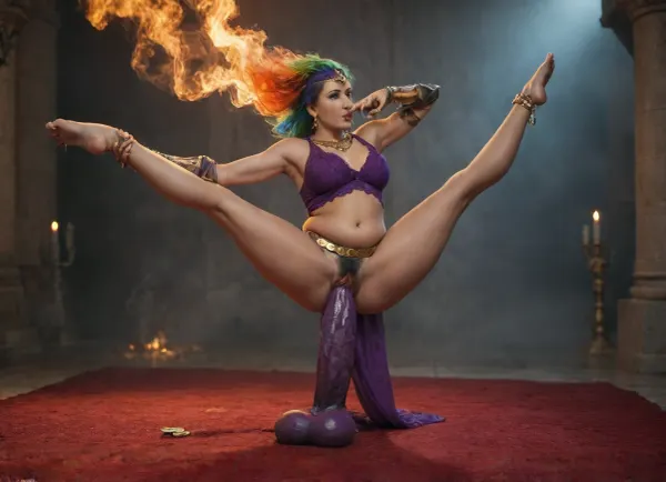 cinematic, close-up, 10-15x zoom, A magical Genie woman in a glass dome being surrounded by orange green blue smoke with a red rug long rainbow hair is levitating lifting both legs in the air, raising her hands to showing her strength, enjoys swirling orange smoke with gauntlets made of smoke while having extreme pussy penetration by gigantic dildo, twisting blue smoke, swirling green smoke, (solo, girl, woman, 24yo, Genie, long rainbow hair, bells on belt, (highly detailed face), square chin, wide nose, fat cheeks, dimples, eyes open wide, excited, serious, well-balanced, short, plump, stocky abs, hairy pussy, tanned skin, magical, strong, wise, artist, levitating, (splits:1.4), having extreme pussy penetration by gigantic dildo made of smoke, no anal, raising both legs off ground, purple lace dress, golden headpiece, belly dancing belt, wrist gauntlets made of orange smoke, blue ballet slippers made of smoke, (highly detailed background), smoke in foreground, smoke, fog, swirling smoke, gold coins, candles, twisting smoke, gauntlets made of smoke, red rug, gigantic dildo made of smoke), romantic lighting, dynamic camera angle, telephoto lens