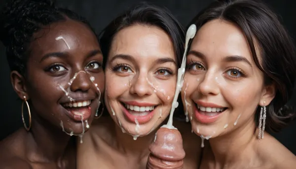 photographic, extreme ultra closeup portrait, (((2 naked mature black african women))), (milf:1), (heads close together, (faces cheek to cheek)), ((each girl has a different tone of black hair color)), brown eyes, eye contact with the viewer, naked, (((faces splattered with cum))), (laughing), surprised, (loving eye contact with the viewer), 1 naked man with a huge 19 inch penis, (ejaculation:1.6), ((stunningly gorgeous women enjoy jerking the viewer's penis)), handjob, excessive cum on faces, black room, black background.