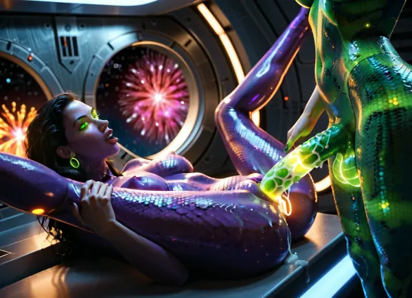 two space color futanari, purple mini futa, green huge futa, space, alien, transgender futa, futanari, skinny futa, thin futa, slender fit ass, athletic legs, vagina under a dick, have sex, in a space shower laboratory. green slime on the wall and on the floor. Their skin is covered with scales. 18 year old. Cute faces, no clothes. Long beautiful legs. There are claws on his hands. Wet. There are many different planets in the window, galaxies, a quasar, spaceship. Lots of colorful thick cum. A huge cock with veins, ass sex, missionary, cumming on ass, cum on back, cum on flor, distance photo, 8k, UHD. super quality, detailed face, futanari missionary sex on a cosmic shower on ship, detailed legs, futa fuck futa, futanari sex, futa porno, cosmic dick. purple skin tone, blue vagina, used vagina, use ass, a young face, a sweet face, glowing eyes, glowing growths on the body, double sex, glowing dick, glowing tits, glowing vagina, glowing cum, glowing sperm, glowing boobs, Skin-tight sexy full-body space alien glows costume, transparent glows clothing, young face, fiery cum, cum glows, glows mucus on the surface, glows hair, glows body implant, glow clothes, scales, scales on the skin, glow dragon's tail, glow reptile's tail, suck, blowjob, glow body, young