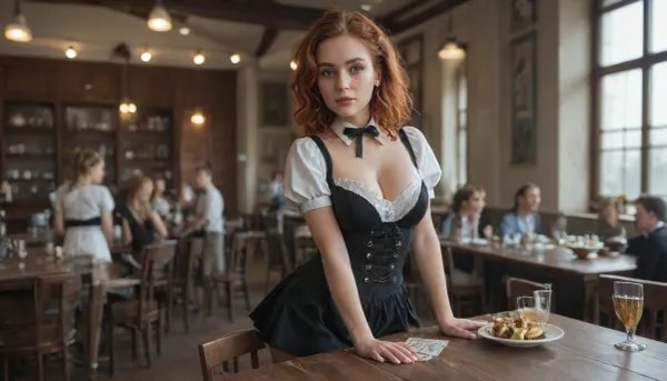 a redhead waitress of Nordic origin with perfect breasts, with a short skirt and a black corset that sticks to the jazz style