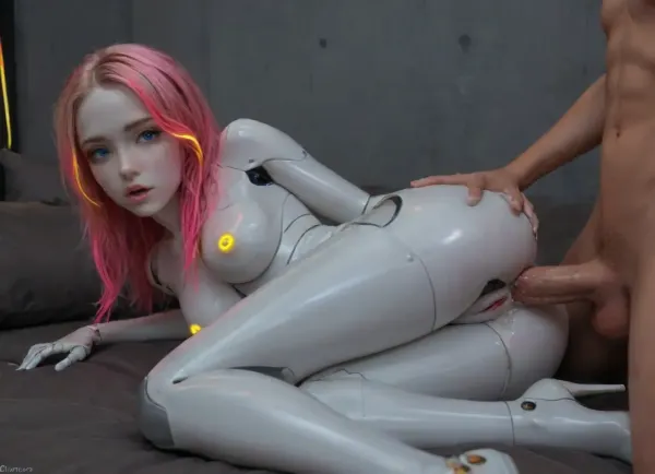 Female android, skinny 30 year old robot girl, very obviously robotic, very futuristic, sex bot, knee high neon blue lined boots, (glowing neon blue electronic cockring), mechanical parts, (having sex with female human:1.2), (man is ejaculating red cum), a lot of blue glowing cum pours from pussy, hdr, masterpiece, 8k, beautiful, long wavy pink hair, very pretty face, highly detailed, dim cinematic, dynamic angles, nasty sex positions, ultra detailed graphic tension, (glowing neon highlights on Android's body:1.8), cinematic lighting effects, super vista, <lora:robot_skin_XL_1.0.6:2>, <lora:boots:1.7>, anal, glowing nipples, side view, crying, lying on side
