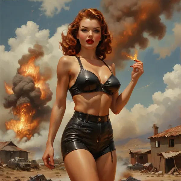 A pin-up style illustration of a young woman with a mid-20th century retro aesthetic. Full length. She has large expressive eyes, white skin, soft wavy fire elemental hair in a 1950s hairstyle, and a cheerful or playful expression. She is wearing classic leather BDSM clothing. Her body type is medium, with natural curves, no exaggeration, realistic proportions. She appears in dynamic or charming poses, reflecting mid-century pin-up art. The lighting is soft and vintage-inspired, with a clean background or stylized setting appropriate to the theme, (e.g. post-apocalyptic wasteland), . Illustration is rendered in traditional pin-up painting style, (like Gil Elvgren), with warm tones and gentle shading, sagging, fire, elemental, style, of, Art, Frahm, latex, matte, shiny, inflatable, <lora:sagging-000015:2>, <lora:RPGFireElementalXL:1.5>, <lora:tbh210-sdxl:1.5>, <lora:shinylatex-merged:2>