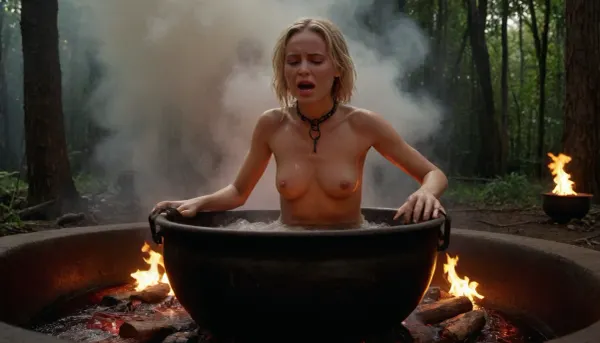 in the jungle. nude blonde girl is sitting inside a high gigantic cauldron, (2.8), with hot boiling water, the cauldron is standing on top of a massive fire place, a metal choker restraints her to the cauldron, a large fire is under the cauldron, girl crying from searing pain, her mouth wide opened from shock and disbelieve, her skin is dark red an swollen from the hot boiling water, her body is sweaty, her hair is wet, thick clouds of steam are coming out of the cauldron, girl is boiled alive, skin burns, a bunch of monstrous black African Tribes men surrounding her, stroking their big cocks, large cum shots on girl tits