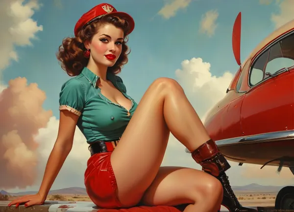 A pin-up style illustration of a young woman with a mid-20th century retro aesthetic. Full length. She has large expressive eyes, white skin, soft wavy fire elemental hair in a 1950s hairstyle, and a cheerful or playful expression. She is wearing classic leather BDSM clothing. Her body type is medium, with natural curves, no exaggeration, realistic proportions. She appears in dynamic or charming poses, reflecting mid-century pin-up art. The lighting is soft and vintage-inspired, with a clean background or stylized setting appropriate to the theme, (e.g. post-apocalyptic landscape), . Illustration is rendered in traditional pin-up painting style, (like Gil Elvgren), with warm tones and gentle shading, sagging, style, of, Art, Frahm, latex, matte, shiny, inflatable, Worthington, Whittredge, Style, <lora:sagging-000015:2>, <lora:tbh210-sdxl:1.5>, <lora:shinylatex-merged:1.5>, <lora:Worthington Whittredge Style:1.5>, <lora:MJ52:1>
