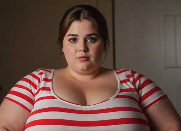 (ssbbw), sptriped t-shirt, white T with red stripes, cotton fabric texture, curvy define body, (breast bulge), ((enormous huge bust)), (massive bosom:1.1), wide standing eyes, wide cheekbones, strong jawline, light brown hair, pixie haircut, circular face, wide jawline, (strong fat arms), fat neck, fat shoulders, chubby face, soft smile, relaxed