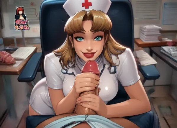 (((1woman, man pov, (perfect hands:1.1), huge dick, reiq style, colored, cartoon, sitting, very happy, very big smile, white nurse uniform, very short dress, doctor office with desk and chair, (holding dick, handjob, eye contact, looking at viewer, covered nipples, covered tits), full body, shoulder height, partial profile))), voluptuous, plump, curvy, big tits, big waist, 40 year old milf, big hips, big ass, very deep cleavage, revealing top, big hard nipples, huge tits, nurse outfit, white stockings, garter belt, black rimmed glasses, red high heels, kouartist, outline, PEHighContrast, Simple, Background, high, Contrast, <lora:outline_xl_kohaku_delta_spv5x:2>, <lora:kou10-000010:2>, <lora:sdxl_lora_outline-000016:2>, <lora:PE_HighContrastStyleV1:2>, <lora:cockteaseLoRASDXL:.7>
