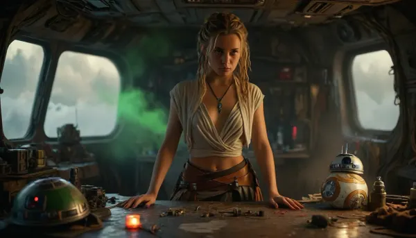 Star Wars Style, full body view of a female Jedi, repairing stuff at messy table, in a messy common room, inside Millennium Falcon, slender, slim waist, blonde matted dreadlocks, flat breasted, tanned skin, lucky charm necklace, beautiful brown leather belt, highly detailed Jedi costume, Jedi toga, perfect face, perfect hands, glass on table, extremely steaming green liquid, R2-D2, dejarik, 8k, high resolution, TIE, fighter, neon_style, cloudy, smoke, atmospheric, clouds, fog, <lora:TIE fighter:.8>, <lora:304304_training_data:.8>, <lora:MJ52:.8>, <lora:Cloudy_Style:1.1>