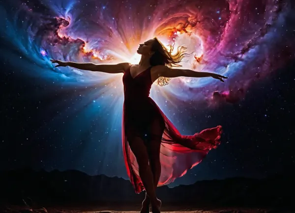 A full-length beautiful woman in a dynamic dance in the cosmic void, her form intertwined with the vibrant colors of stellar nebulae., (Double exposure technique:1.4), combines the beauty of the universe with the girl's appearance, Bright, glowing colors of nebulae, red, blue and purple hues, twinkling stars, smooth skin, calm expression, atmospheric details, vivid colors, dreamy atmosphere, detailed textures, High detail, 8K, masterpiece, photorealistic, rendered in Octane, ((double exposure:1.5)), Double, Exposure, style, of, <lora:Double_Exposure_5:1>