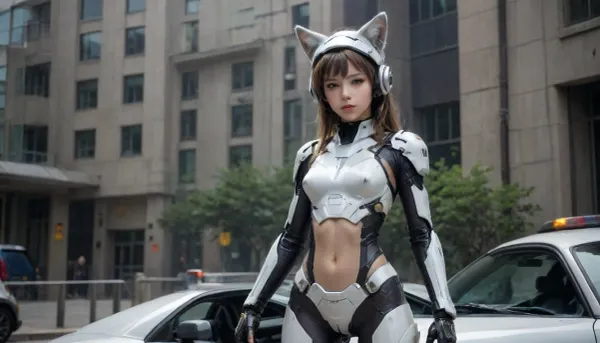 (((Very Petite girl))), . The image shows a young, thin woman in a futuristic suit standing on a police car. She is dressed in white and gray armor, with an open torso. On her head she has a helmet with ears, similar to a cat's. On her left hand is a mechanical device with several fingers. She is standing with one foot resting on the hood of the car, and the other on the fender.

In the background, city buildings are visible, as well as a crowd of people watching the event. Above the car hangs a road sign with the inscription "Downtown CA" and an arrow pointing downwards. On the bumper of the car is a yellow tape with the inscription "CAUTION SEX TAPE CAUTION".

The hood of the car is painted red and white. The reflection of the surrounding landscape is visible in the transparent dome above the hood. Inside, you can make out a steering wheel., mecha, <lora:mecha-000009 (1):.8>, flat, chested, <lora:flat_chested_v3.5:.8>, <lora:Thigh_gap_SDXL:.8>, <lora:ahxl_v1:.8>