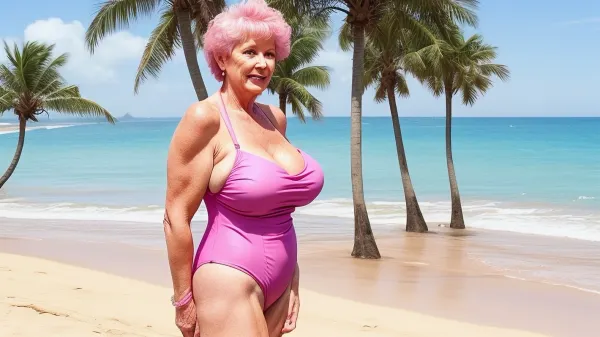 60 year old woman with huge butt, wearing pink swimsuit, standing at beach