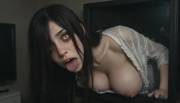 score_9, score_8_up, score_7_up, score_6_up, (animated, 2d, anime style), (((Sadako Yamamura))), 1girl, solo, long hair, black hair, very long hair, (mess hair), naked breast, torn clothes, impossible clothes, hair over eyes, torn dress, grey skin, impossible dress, yamamura sadako, hair over one eye, (((yandere, psychosis, possession, dangerous, crazy, psycho))), blush, (heavy breathing), steam, (bags under eyes), night, television, sweat, head tilt, cleavage, (massive veiny breasts, saggy), ((full body)), (night, dark room), (red glowing eyes), (((stuck in static tv screen))), glitches, lean forward, ((gothic style, dark theme, low light, cold colors, nightmare, horror)), (horror mouth wide open:1.3), excessive Saliva dripping, side view